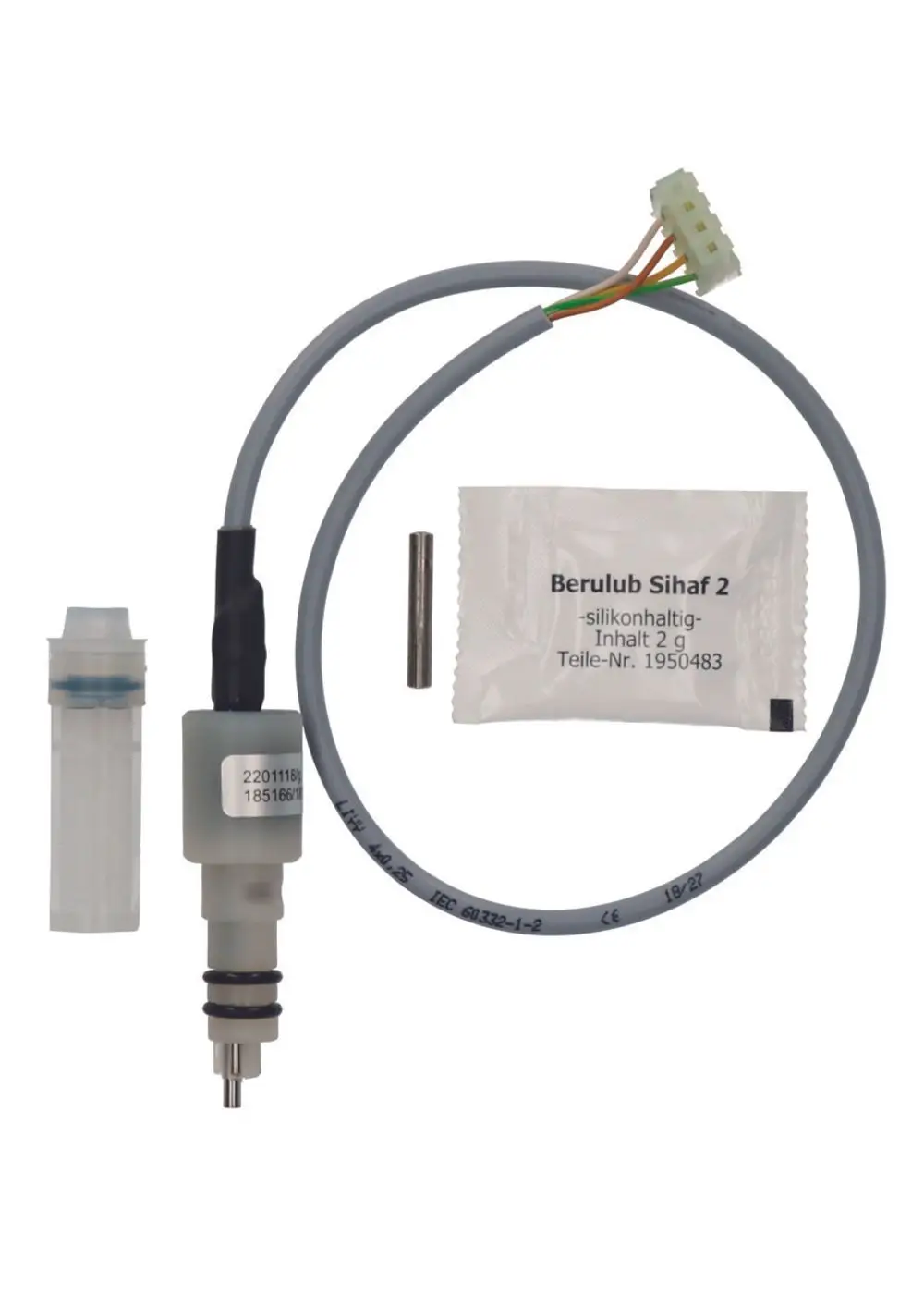 Judo Verschleißteilset mit einem Leitwertsensor, Ansaugsieb, Verbindungskabel, Silikonpackung und einem Metallstab, angeordnet auf neutralem Hintergrund.